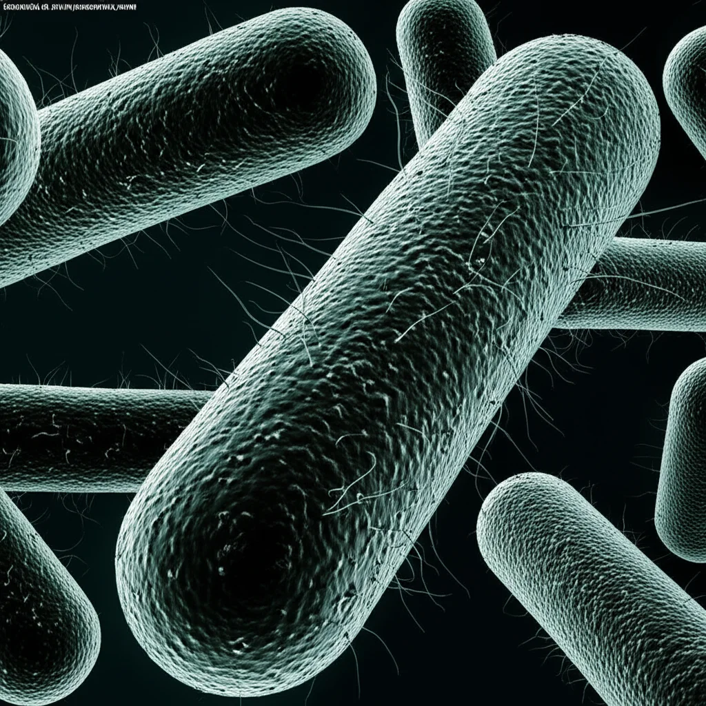 Visualizzazione 3D ultra-realistica di cellule batteriche Pseudomonas protegens in un ambiente competitivo, con alcune cellule che iniziano il processo di lisi per rilasciare R-tailocine. Illuminazione drammatica laterale, obiettivo macro 100mm per dettagli estremi sulle membrane cellulari e sulle particelle virali emergenti, effetto 'film noir' con chiaroscuri accentuati.