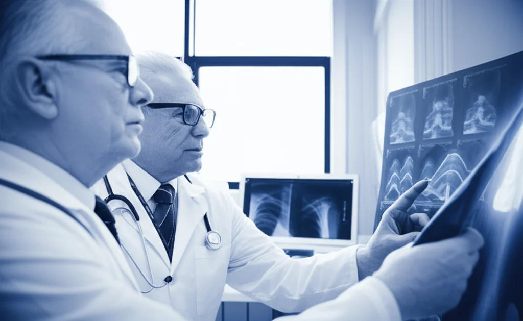 Un medico anziano e saggio esamina con attenzione una radiografia dell'anca di un paziente su un visore luminoso, in un ambiente ospedaliero moderno e pulito. Accanto a lui, un giovane ricercatore indica un grafico complesso su un tablet che mostra curve di sopravvivenza e analisi predittive. Obiettivo da ritratto 50mm, luce soffusa da finestra laterale, bianco e nero con un leggero viraggio blu, profondità di campo per mettere a fuoco entrambi i soggetti.