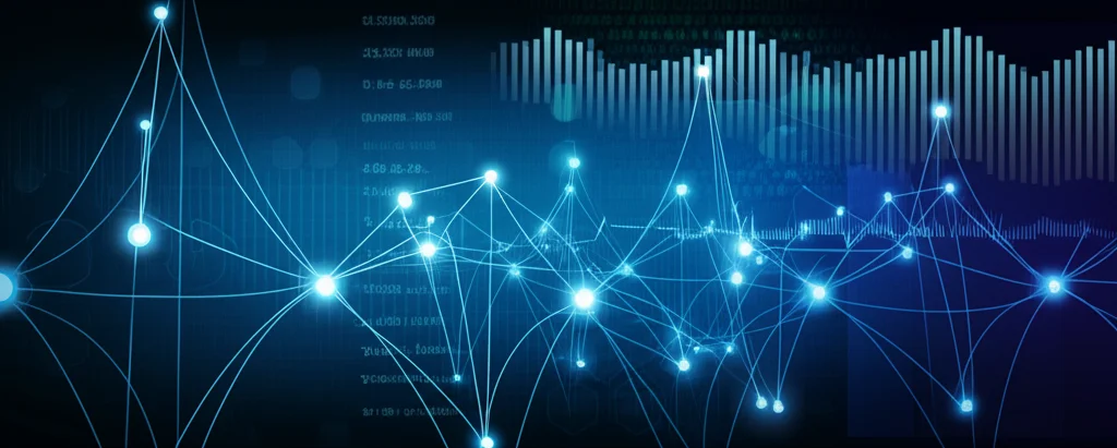 Visualizzazione astratta di una rete neurale complessa con nodi luminosi e connessioni che elaborano dati medici. Sullo sfondo, grafici stilizzati di curve di sopravvivenza e istogrammi di dati paziente. Colori dominanti blu elettrico e argento su sfondo scuro, per un look futuristico e tecnologico. Obiettivo macro 60mm, alta definizione dei dettagli.