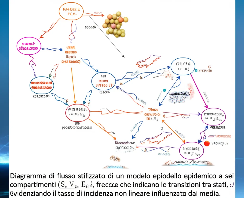 Diagramma di flusso stilizzato di un modello epidemico a sei compartimenti (S, V, E, Q, I, R) con frecce che indicano le transizioni tra stati, evidenziando il tasso di incidenza non lineare influenzato dai media. Macro lens, 60mm, high detail, controlled lighting, sfondo blu scuro con elementi grafici luminosi.