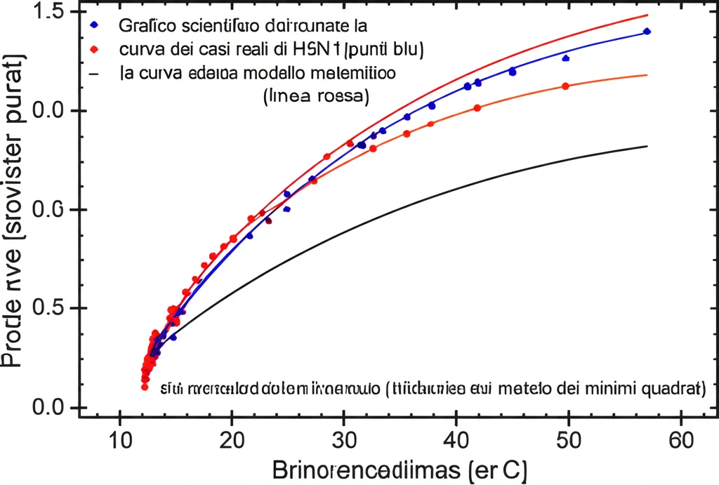 Grafico scientifico che mostra la curva dei casi reali di H5N1 (punti blu) e la curva adattata dal modello matematico (linea rossa) usando il metodo dei minimi quadrati. Wide-angle, 24mm, sharp focus, sfondo neutro per evidenziare i dati.