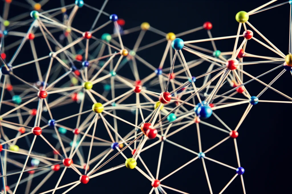 Visualizzazione astratta di un grafo atomico che si espande per includere nodi 'alchemici' con pesi variabili. Macro lens, 60mm, high detail, precise focusing, con illuminazione controllata per evidenziare i collegamenti e i pesi sui nodi, suggerendo la trasformazione e la mescolanza.