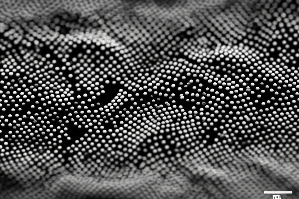 Immagine macro di un sottile film di carbonio amorfo con nanoparticelle di nichel visibili sulla sua superficie, illuminazione controllata per evidenziare la texture, obiettivo macro 90mm, alta definizione, messa a fuoco precisa.