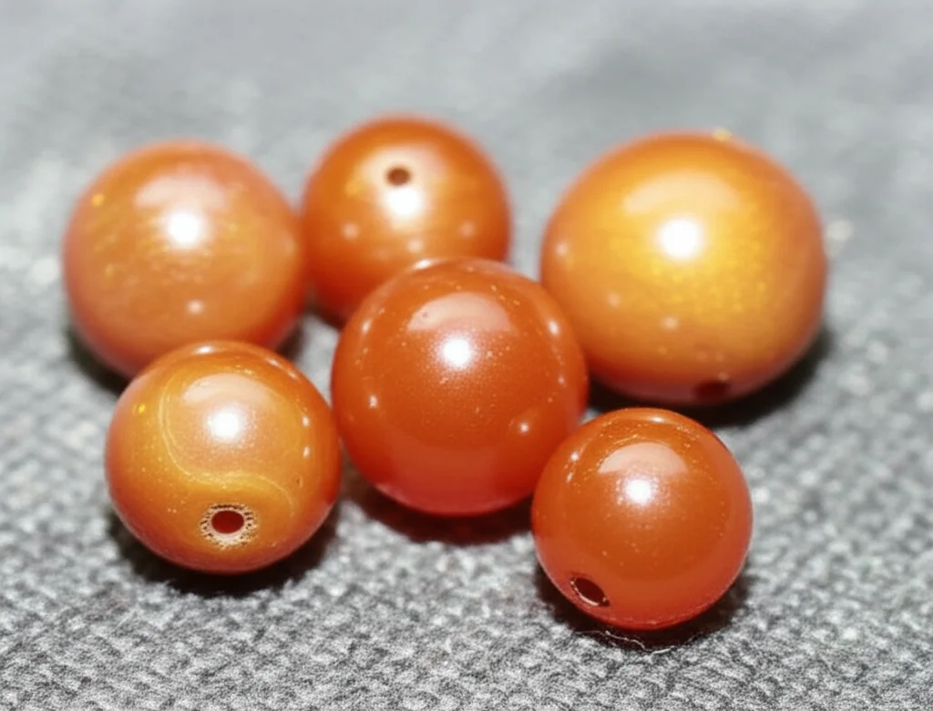 Macro shot di diverse antiche perle di corniola, 100mm Macro lens, alta definizione, messa a fuoco precisa, illuminazione controllata, che mostrano forme variegate e ricche tonalità rosso-arancio, alcune con fori di perforazione visibili, disposte su un tessuto archeologico scuro e testurizzato.