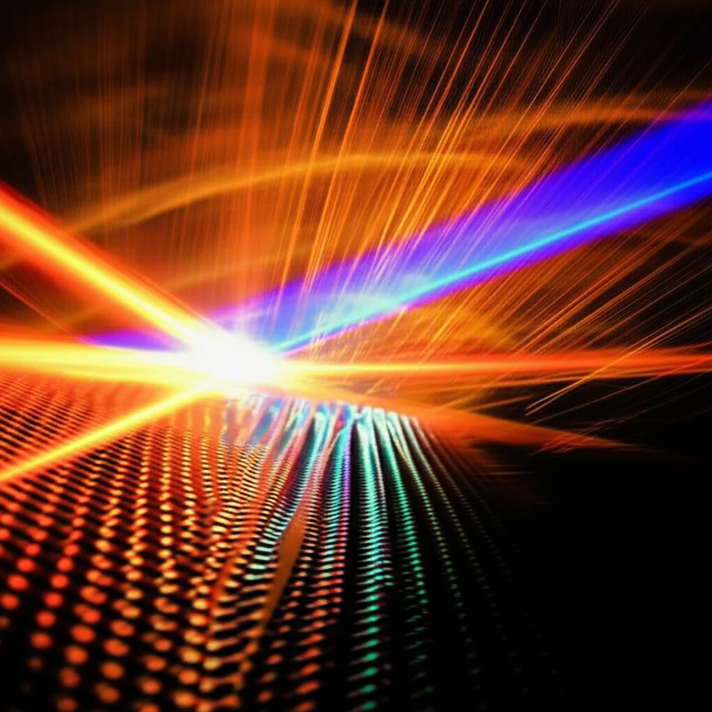 Visualizzazione artistica di fotoni che interagiscono con la superficie texturizzata di un film sottile di carbonio-nichel, con alcuni fotoni assorbiti e altri riflessi, obiettivo grandangolare 15mm per catturare l'effetto, lunga esposizione per scie luminose, colori vivaci.