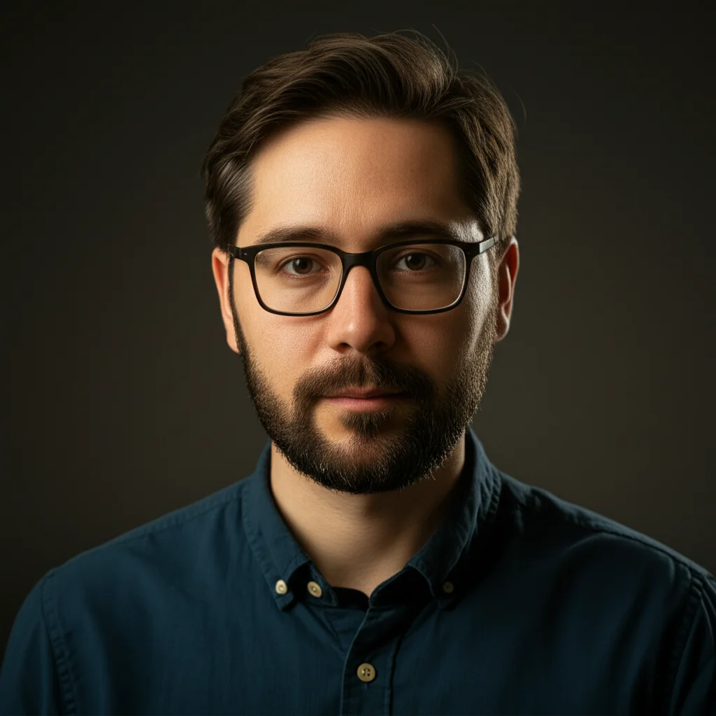 Portrait photography di un archeologo, sulla trentina, che esamina con attenzione una piccola perla di corniola usando una lente d'ingrandimento, 35mm portrait, profondità di campo, con strumenti di scavo e un microscopio digitale sfocati sullo sfondo, illuminazione calda e focalizzata sul soggetto e sulla perla.