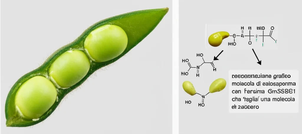 Macro fotografia, 105mm, di un baccello di soia verde brillante sezionato, che mostra i semi in via di sviluppo al suo interno. Accanto, una rappresentazione grafica stilizzata della molecola di soiasaponina con l'enzima GmSSBG1 che 'taglia' una molecola di zucchero. Illuminazione da studio controllata per evidenziare i dettagli dei semi e la texture del baccello.