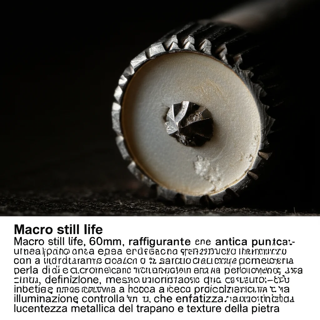 Macro still life, 60mm, raffigurante un'antica punta di trapano con inserti di diamante accanto a una perla di corniola che mostra una perforazione, alta definizione, messa a fuoco precisa, illuminazione controllata che enfatizza la lucentezza metallica del trapano e la texture della pietra.