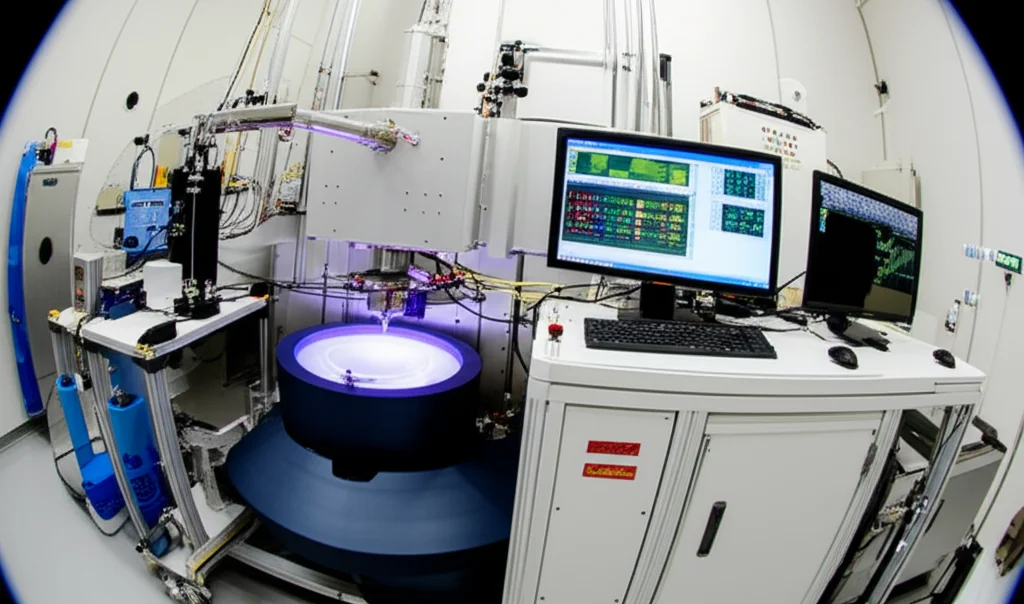 Wide-angle shot di un moderno laboratorio LA-ICP-MS, 10mm, focus nitido sulla camera di ablazione laser e sullo spettrometro di massa, con plasma luminoso visibile se possibile, lunga esposizione per catturare le luci dell'attrezzatura, creando un senso di tecnologia avanzata.
