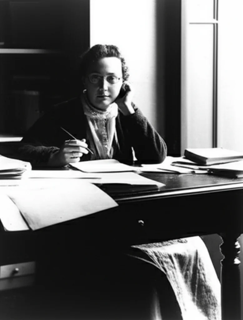 Fotografia di un ritratto di una persona di mezza età, seduta a una scrivania antica ingombra di libri e fogli manoscritti, con una penna in mano e lo sguardo pensieroso rivolto verso una finestra da cui filtra una luce soffusa. Obiettivo prime da 35mm, bianco e nero, profondità di campo accentuata per mettere a fuoco il soggetto e sfocare leggermente lo sfondo.