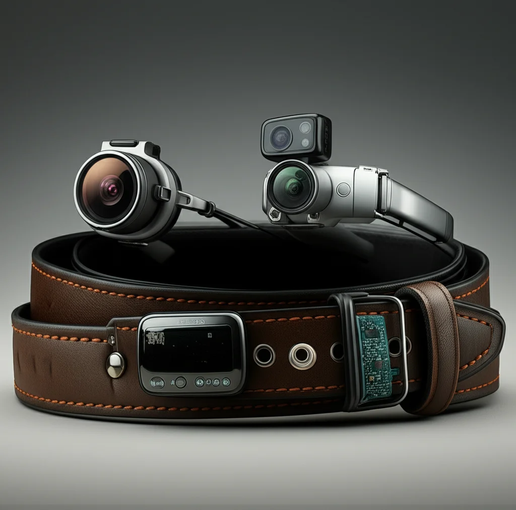 Un primo piano di diversi dispositivi indossabili WBAN: un paio di occhiali smart con una piccola telecamera, una cintura sottile con sensori integrati, un braccialetto elegante con display e delle solette per scarpe con circuiti visibili. Macro lens, 80mm, high detail, precise focusing, luce da studio controllata su sfondo neutro.