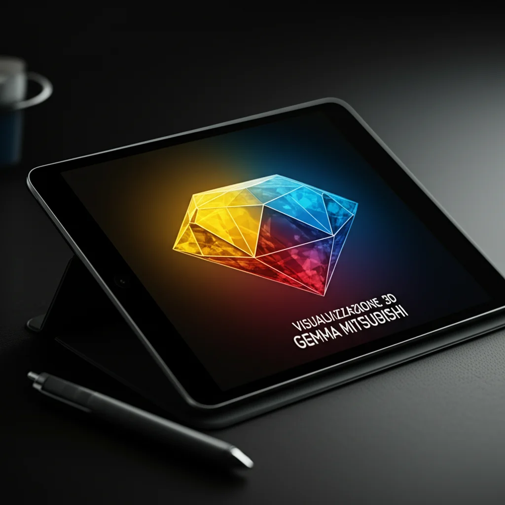 Visualizzazione 3D astratta della 'gemma Mitsubishi' su uno schermo di tablet, con colori vivaci (giallo per dati comportamentali, blu per fisiologici, rosso per psicologici) che si irradiano dal centro. Macro lens, 60mm, high detail, controlled lighting, sfondo scuro per far risaltare la gemma e le sue sfumature di colore.