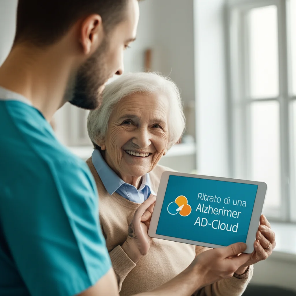 Ritratto di una persona anziana con Alzheimer che sorride interagendo con un tablet che mostra l'interfaccia AD-Cloud, con un caregiver o un familiare che osserva con un'espressione rassicurante e di supporto alle sue spalle. Prime lens, 35mm, depth of field, tonalità calde e accoglienti, luce naturale da finestra.