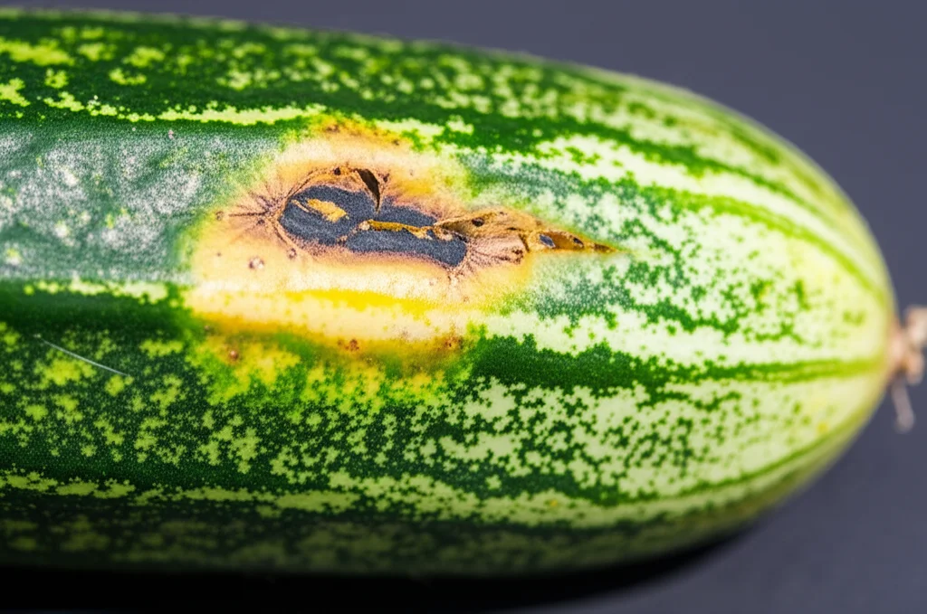 Foglia di cetriolo con evidenti segni di malattia fungina, come macchie gialle e aree necrotiche. La foto è scattata con un obiettivo macro da 100mm per catturare l'alta definizione dei dettagli della malattia, con illuminazione da studio controllata per una resa cromatica precisa e una messa a fuoco selettiva sulla parte infetta.