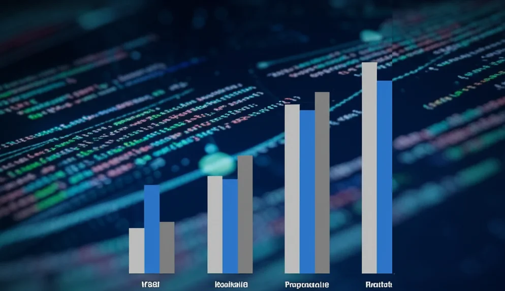 Grafico a barre che confronta l'accuratezza di classificazione del modello proposto (colore blu acceso) con altri modelli noti come VGG-19, ResNet-50 (colori grigi e blu scuro). Il modello proposto mostra la barra più alta, indicando una superiorità. Sfondo tecnico con linee di codice o schemi di reti neurali, effetto profondità di campo, illuminazione da presentazione.