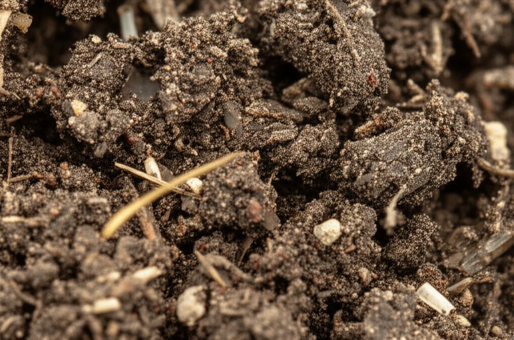 Macro fotografia di un campione di suolo scuro e umido prelevato da una zona ripariale, con visibili particelle minerali eterogenee e frammenti di materia organica, illuminazione controllata per evidenziare la texture e la composizione, obiettivo macro 90mm, alta definizione, messa a fuoco precisa.