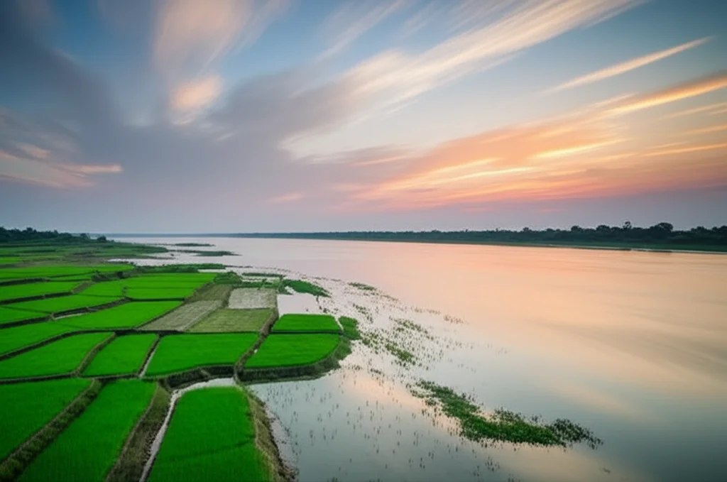 Fotografia grandangolare di un paesaggio fluviale del Gange al tramonto, con terreni agricoli coltivati che si estendono fino alle rive del fiume, nuvole striate nel cielo, lunga esposizione per acqua liscia, obiettivo grandangolare 18mm, messa a fuoco nitida, per illustrare le zone ripariali studiate e il loro potenziale rischio ecologico.