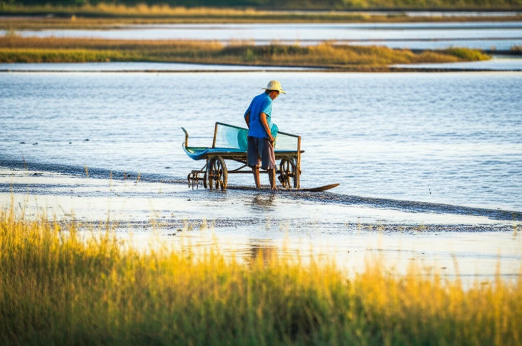Un agricoltore che lavora in un campo adiacente a un fiume nel bacino del Gange, con attrezzature agricole visibili sullo sfondo, luce del tardo pomeriggio, teleobiettivo zoom 150mm, tracciamento del movimento per catturare l'azione, profondità di campo per isolare il soggetto, a simboleggiare le fonti antropogeniche di metalli pesanti.