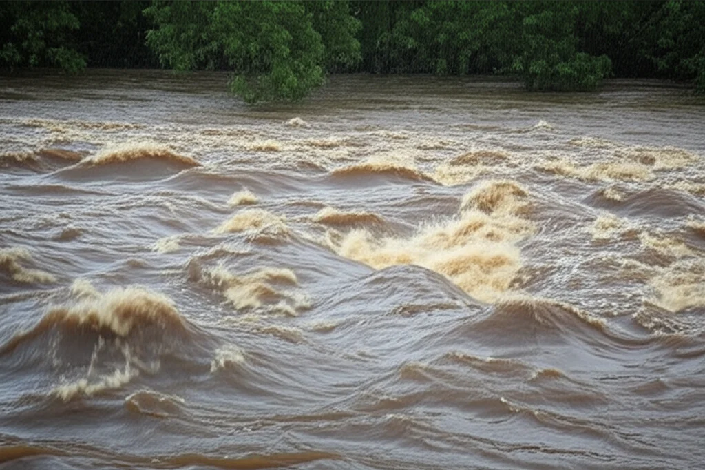 Un fiume visibilmente torbido dopo una forte pioggia, con acqua marrone cioccolato che scorre impetuosa. Teleobiettivo zoom 100-400mm, alta velocità dell'otturatore per congelare il movimento dell'acqua, luce naturale leggermente cupa tipica di un giorno di pioggia.