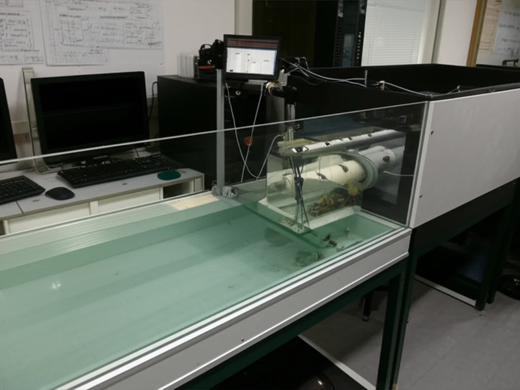 Un laboratorio scientifico con un canale artificiale (flume) in funzione. Acqua leggermente torbida circola nel canale. Attrezzatura scientifica visibile, come sensori immersi e computer che registrano dati. Obiettivo macro 60mm per dettaglio sull'acqua e sui sensori, illuminazione controllata da laboratorio, messa a fuoco precisa.