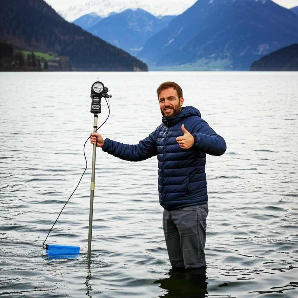 Un ricercatore in abbigliamento da campo che preleva campioni d'acqua da un fiume o lago con un sensore LISST-200X. Sfondo di un paesaggio fluviale naturale, magari con montagne in lontananza (come l'area del lago Soyang). Obiettivo prime 35mm, profondità di campo per mettere a fuoco il ricercatore e l'attrezzatura, luce naturale.