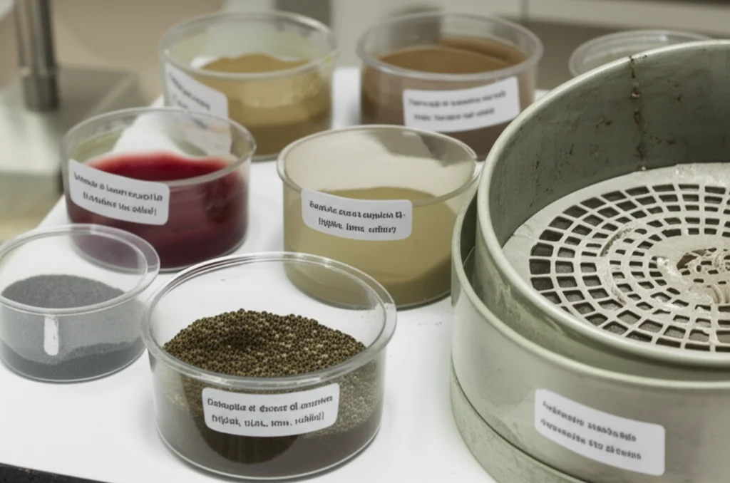 Dettaglio di diversi campioni di sedimento (argilla, limo, sabbia) in contenitori da laboratorio, con etichette. Accanto, un setaccio da laboratorio. Obiettivo macro 100mm, alta definizione, illuminazione controllata per mostrare la texture dei sedimenti.