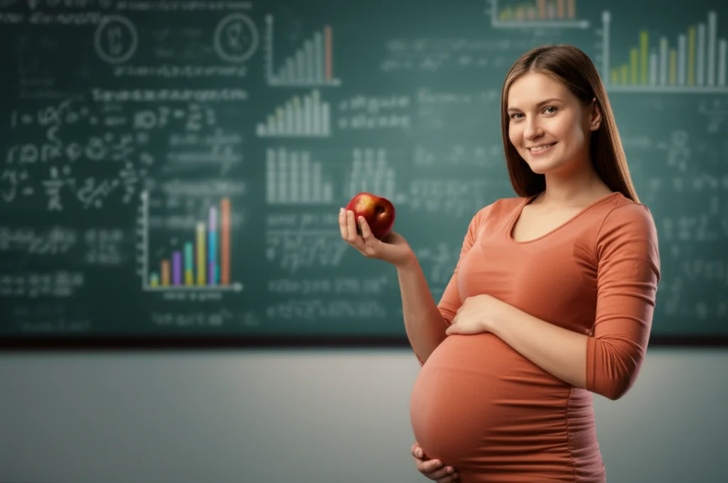 Una giovane donna incinta sorridente tiene in mano una mela, simbolo di salute, mentre sullo sfondo si intravedono grafici e formule che rappresentano l'analisi dei dati e il machine learning. Prime lens, 35mm, depth of field, colori caldi e luminosi.