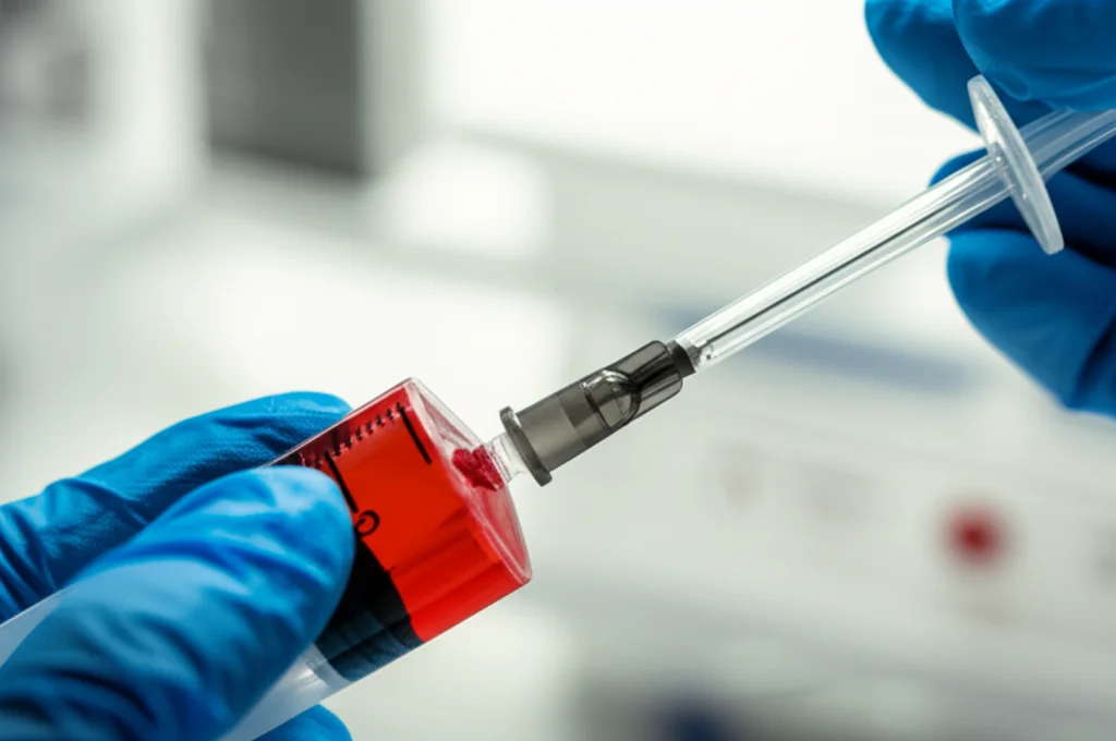 Fotografia di un idrogel trasparente e poroso ingrandito al microscopio, con nanoparticelle luminescenti (punti blu brillanti) disperse al suo interno. L'idrogel viene iniettato delicatamente tramite una siringa in un modello stilizzato di disco intervertebrale rosso e infiammato. Luce soffusa da laboratorio, messa a fuoco precisa sulla punta della siringa e sull'idrogel, obiettivo macro 60mm.