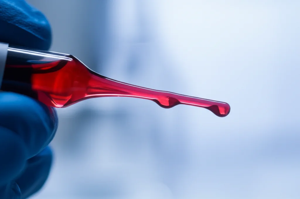 Primo piano di una provetta di sangue con gocce di sangue che cadono, macro lens, 100mm, high detail, precise focusing, controlled lighting, a simboleggiare l'analisi dei biomarcatori come il colesterolo remanente.