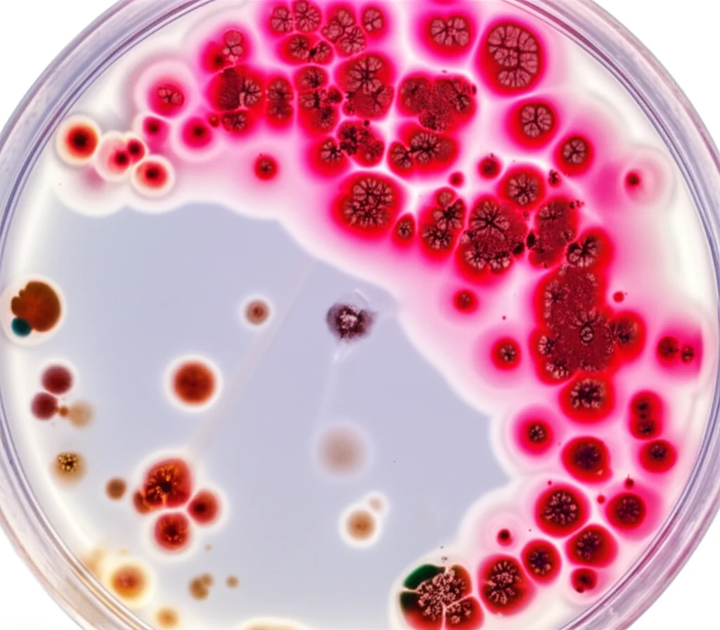 Fotografia macro di diverse colonie microbiche (archei e batteri alofili) dai colori vivaci (rosa intenso, arancione brillante, crema) che crescono su una piastra di Petri con terreno di coltura agarizzato specifico per alofili, illuminazione da studio controllata per esaltare i colori e le texture, obiettivo macro 60mm, alta definizione, messa a fuoco precisa sui bordi e sulla superficie delle colonie.
