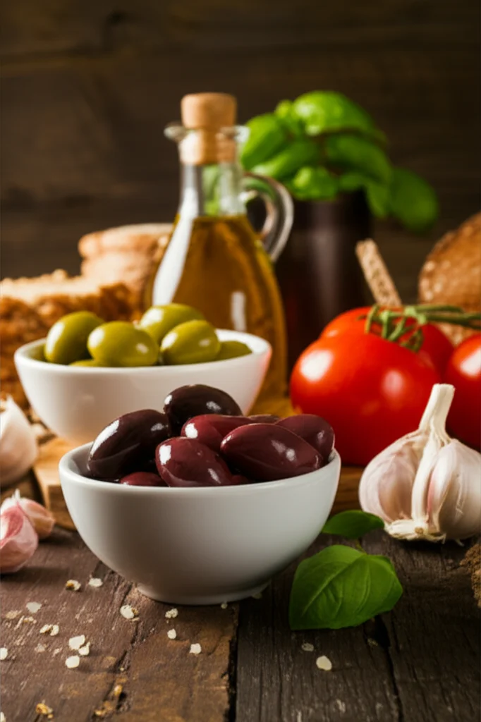 Un tavolo rustico in legno illuminato da una luce calda e soffusa, con una selezione di alimenti freschi della dieta mediterranea: ciotole di olive verdi e nere, pomodori maturi, spicchi d'aglio, un mazzo di basilico fresco, una bottiglia di olio extravergine d'oliva e del pane integrale. Macro lens, 85mm, high detail, precise focusing, controlled lighting, atmosfera accogliente.