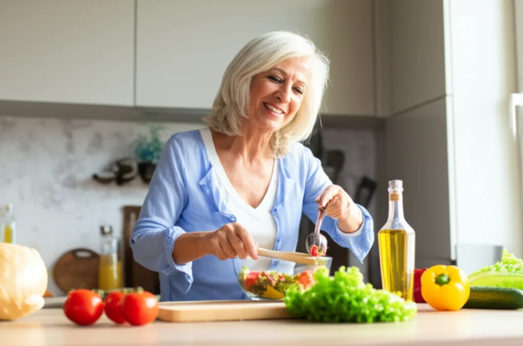Una donna di mezza età, sorridente e dall'aspetto sano, prepara con cura un'insalata colorata nella sua cucina luminosa. Utilizza ingredienti freschi come pomodori, cetrioli, peperoni e lattuga, con un filo d'olio d'oliva. Prime lens, 35mm, depth of field, luce naturale che entra dalla finestra, atmosfera positiva e salutare.