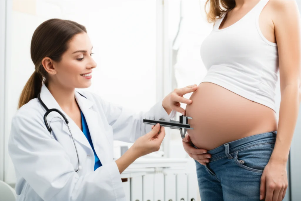 Una dottoressa sorridente che utilizza un calibro per misurare delicatamente la plica cutanea sull'addome di una donna incinta nel secondo trimestre, in un ambiente clinico luminoso e moderno. Obiettivo macro da 60mm, illuminazione controllata per evidenziare i dettagli, focus preciso sulla misurazione.