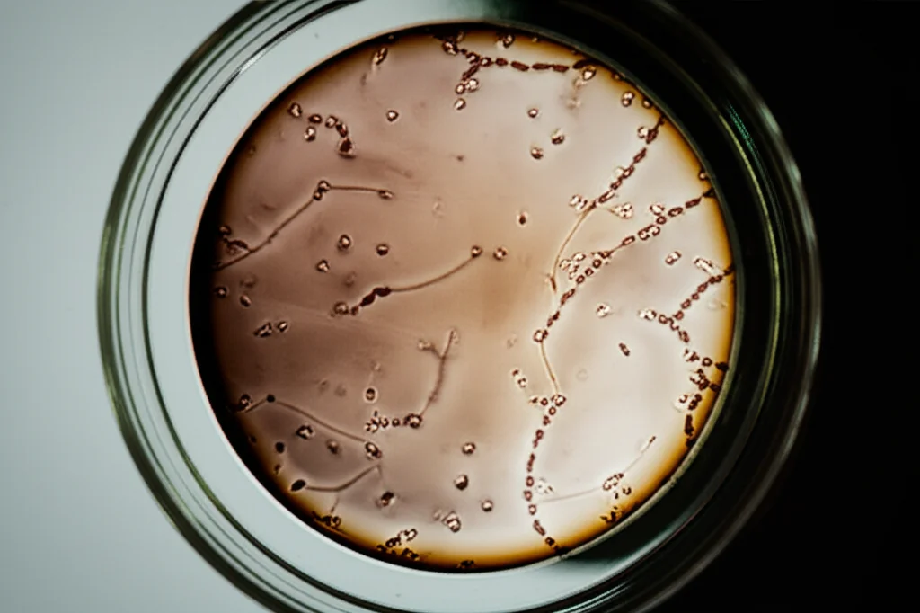Immagine fotorealistica di un campione di acqua di scarico ospedaliero, torbida e scura, che viene analizzata al microscopio in un laboratorio. L'immagine è un primo piano dell'oculare del microscopio con una visione stilizzata di batteri, obiettivo macro 60mm, illuminazione controllata per evidenziare i dettagli.