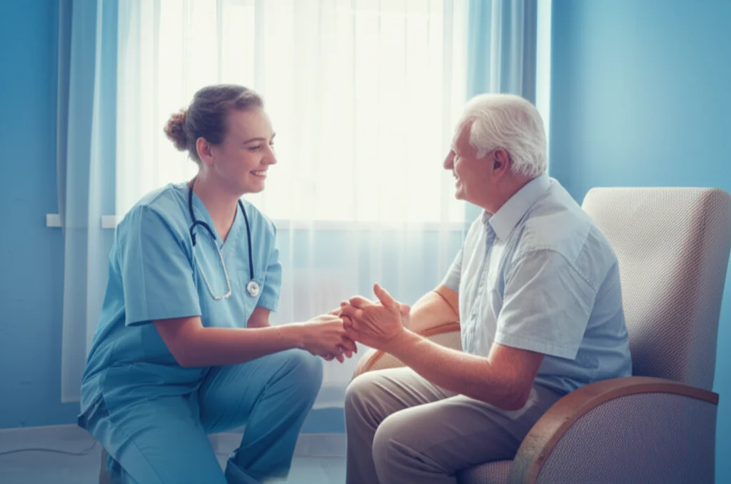 Un interno di un hospice domiciliare luminoso e tranquillo, con un infermiere che parla con un paziente seduto comodamente su una poltrona vicino a una finestra. Prime lens, 35mm, depth of field, luce naturale, colori pastello duotone (azzurro e crema).