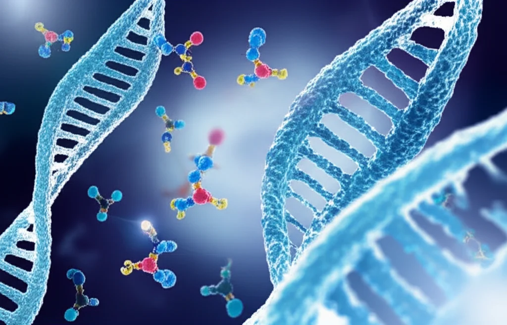 Immagine macro ad alta definizione di una goccia di sangue su una superficie riflettente, con molecole di DNA stilizzate e particelle di glucosio che fluttuano intorno. Illuminazione controllata per evidenziare i dettagli. Obiettivo macro 100mm.