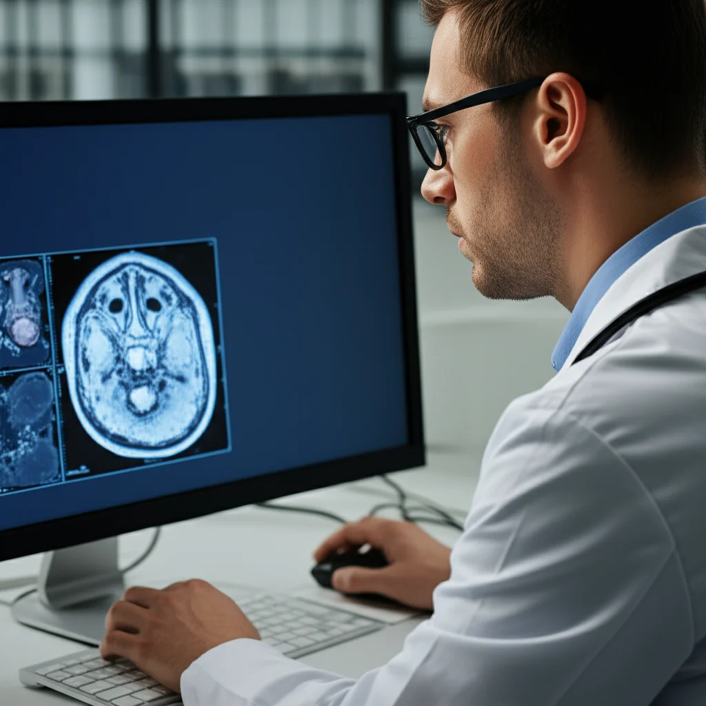 Un tecnico di laboratorio osserva attentamente i risultati di una risonanza magnetica su uno schermo ad alta definizione, macro lens, 100mm, high detail, precise focusing, controlled lighting, in un ambiente di ricerca medica.