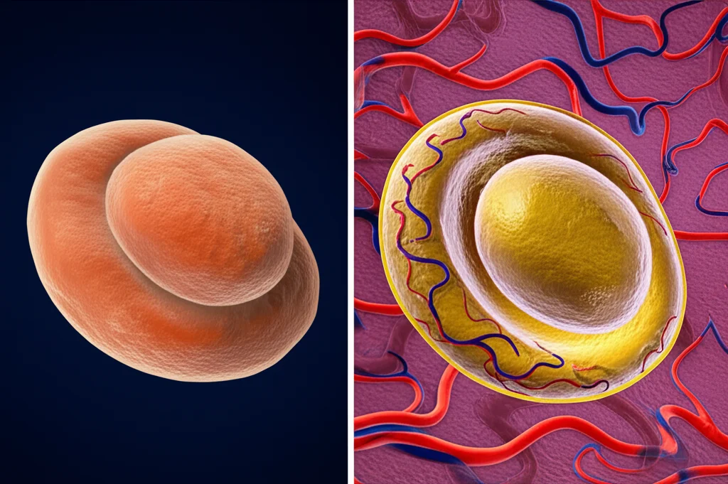 Visualizzazione artistica ma fotorealistica di un glomerulo renale e di una sezione della retina affiancati, con sottili vasi sanguigni che mostrano segni di angiogenesi anomala. Dettagli microscopici, illuminazione drammatica per enfatizzare le strutture. Obiettivo macro 90mm, profondità di campo.