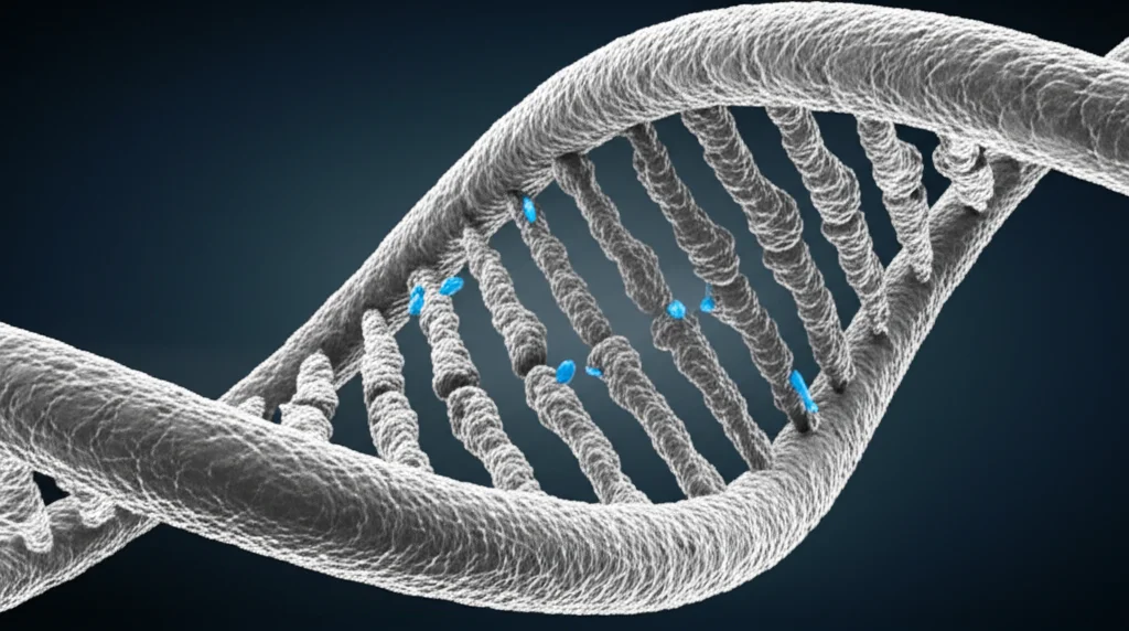 Primo piano estremo di un filamento di DNA con gruppi metilici (CpG) evidenziati in un colore contrastante, magari un blu brillante su un filamento grigio-argento. Sfondo scuro per far risaltare il DNA. Obiettivo macro 60mm, messa a fuoco precisa.