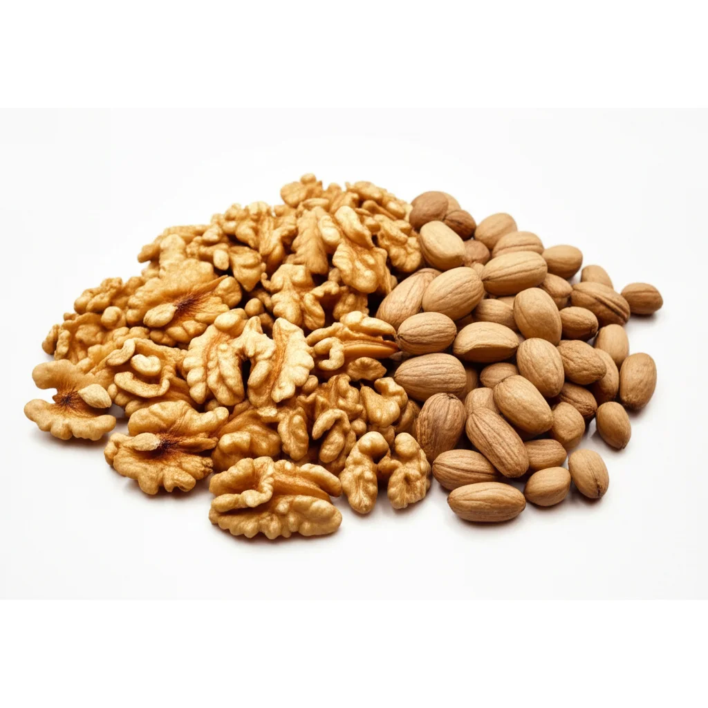 Un confronto visivo tra diverse fonti di grassi: da un lato noci e olio d'oliva (simbolo di grassi 'buoni'), dall'altro carni rosse processate e dolci industriali (simbolo di grassi 'meno buoni'), still life, 60mm macro lens, high detail, precise focusing.