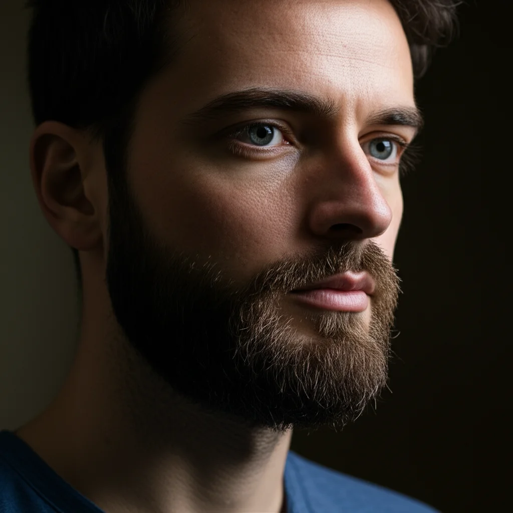 Un ritratto introspettivo di una persona che riflette profondamente, illuminazione drammatica da studio, obiettivo da 35mm, bianco e nero con un leggero viraggio seppia, profondità di campo ridotta per concentrarsi sull'espressione.