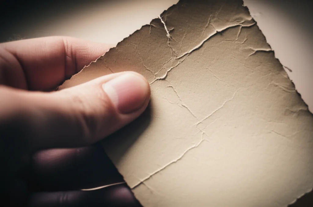 Fotografia macro di una vecchia fotografia sbiadita tenuta in mano, con dettagli precisi sulle crepe e sulla texture della carta, illuminazione soffusa e controllata per evidenziare l'età e l'emozione contenuta, obiettivo macro da 90mm.