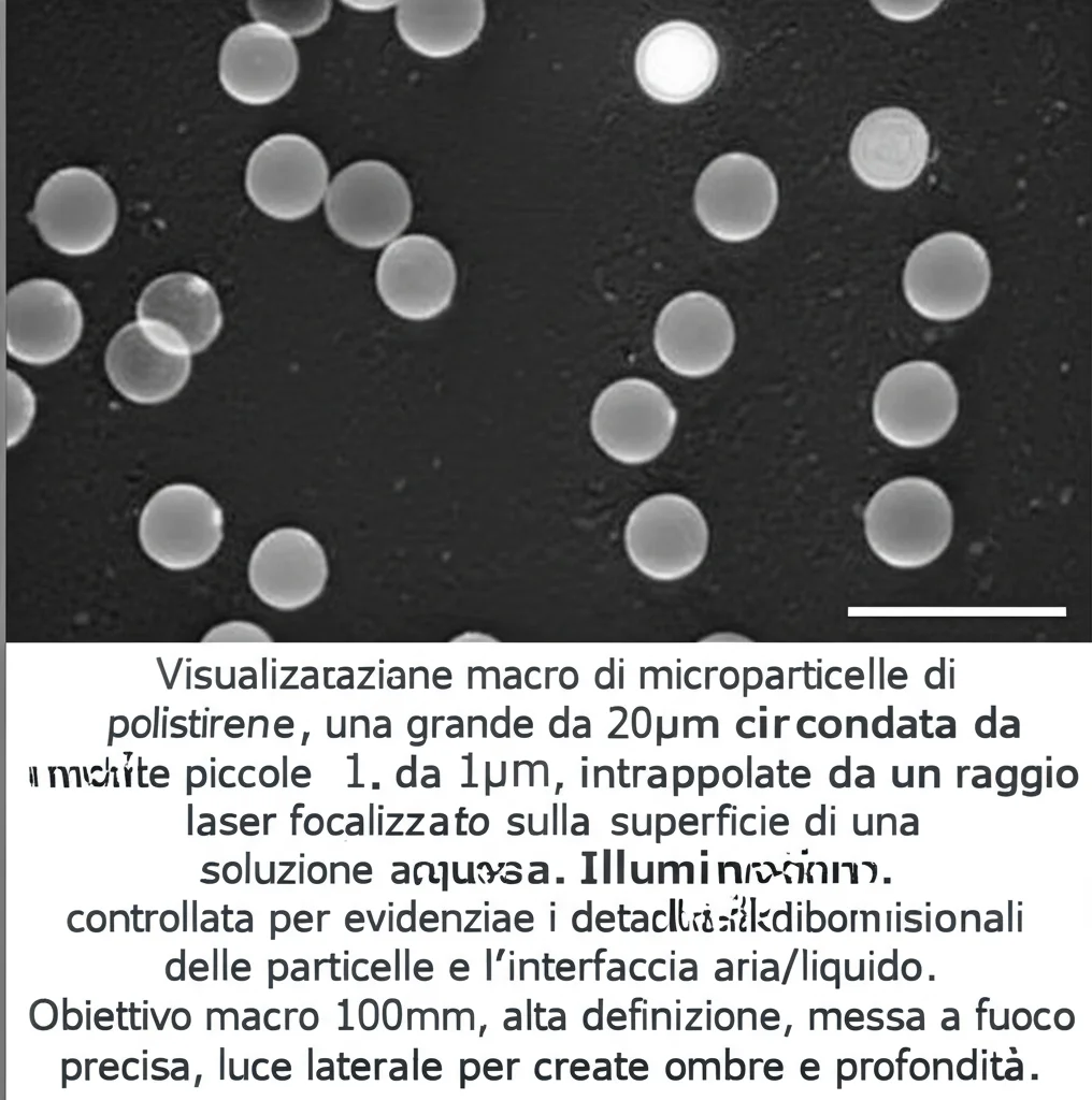 Visualizzazione macro di microparticelle di polistirene, una grande da 20µm circondata da molte piccole da 1µm, intrappolate da un raggio laser focalizzato sulla superficie di una soluzione acquosa. Illuminazione controllata per evidenziare i dettagli tridimensionali delle particelle e l'interfaccia aria/liquido. Obiettivo macro 100mm, alta definizione, messa a fuoco precisa, luce laterale per creare ombre e profondità.