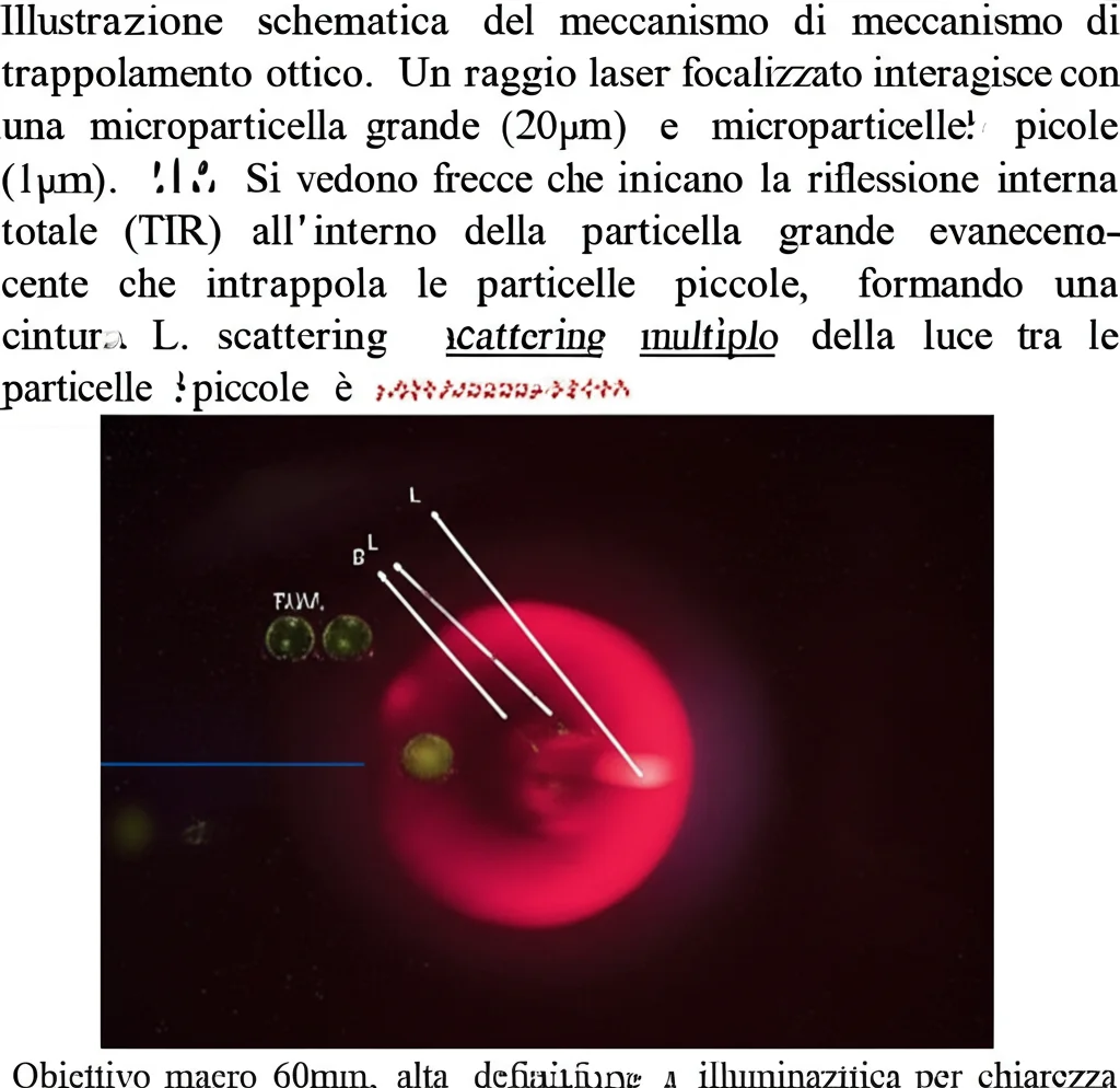 Illustrazione schematica del meccanismo di trappolamento ottico. Un raggio laser focalizzato interagisce con una microparticella grande (20µm) e microparticelle piccole (1µm). Si vedono frecce che indicano la riflessione interna totale (TIR) all'interno della particella grande e l'onda evanescente che intrappola le particelle piccole, formando una cintura. Lo scattering multiplo della luce tra le particelle piccole è evidenziato. Obiettivo macro 60mm, alta definizione, illuminazione didattica per chiarezza.