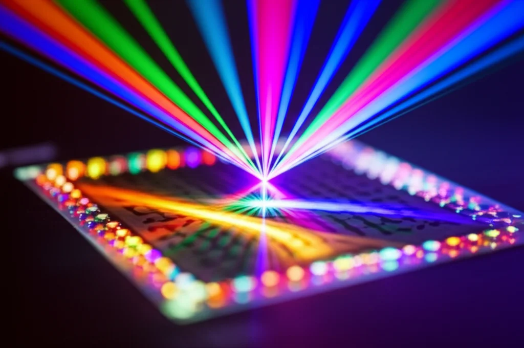 Immagine artistica di un futuro dispositivo fotonico basato su materia ottica riconfigurabile. Microstrutture luminose complesse che emettono luce colorata, suggerendo applicazioni in display o sensori. Scatto grandangolare 10mm, lunga esposizione per catturare scie luminose e colori vibranti, effetto bokeh sullo sfondo per dare profondità.