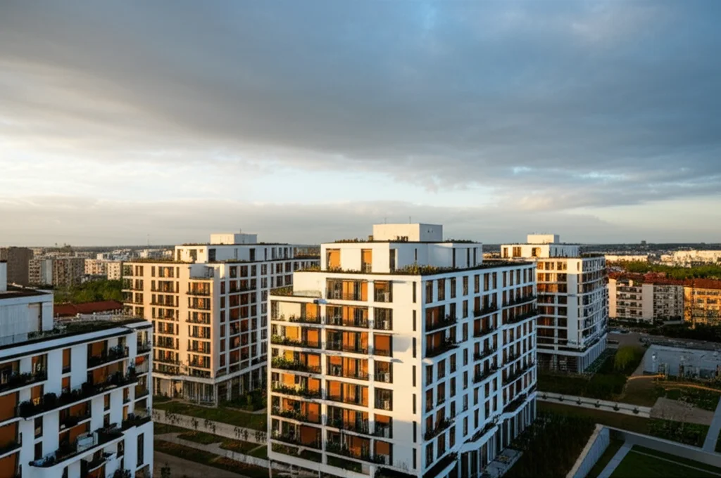 Un moderno complesso residenziale di nuova costruzione in una città europea di medie dimensioni, vista grandangolare con obiettivo 18mm, luce del tardo pomeriggio che crea lunghe ombre, cielo parzialmente nuvoloso per un effetto diffuso, focus nitido sull'architettura innovativa e sugli spazi verdi integrati nel progetto.