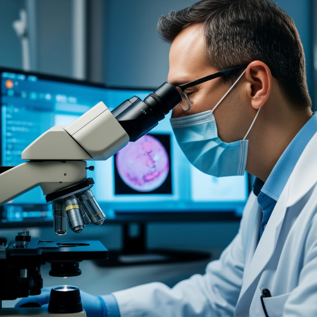 Un patologo osserva al microscopio un campione istologico di prostata, accanto uno schermo mostra un'analisi AI dello stesso campione con aree di interesse evidenziate. Macro lens, 90mm, high detail, precise focusing, controlled lighting.
