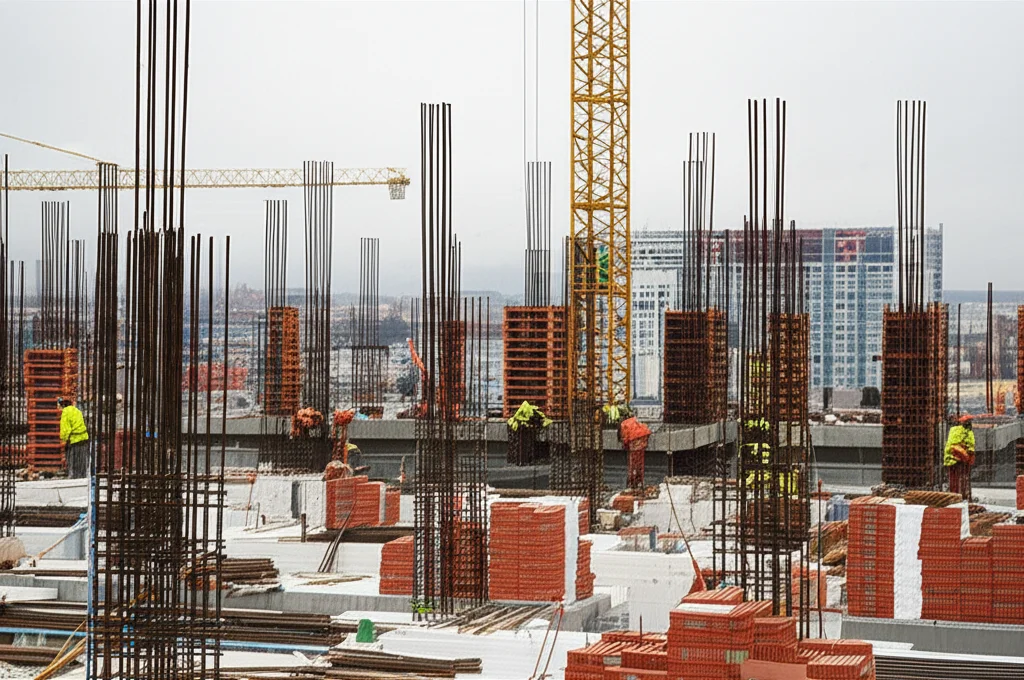 Un cantiere edile di un grande progetto residenziale in una città europea, teleobiettivo zoom 100mm per comprimere la prospettiva e mostrare la densità del lavoro, operai con caschi e giubbotti fluorescenti al lavoro in lontananza, dettagli di materiali da costruzione come mattoni e acciaio in primo piano, illuminazione controllata tipica di una giornata lavorativa nuvolosa.