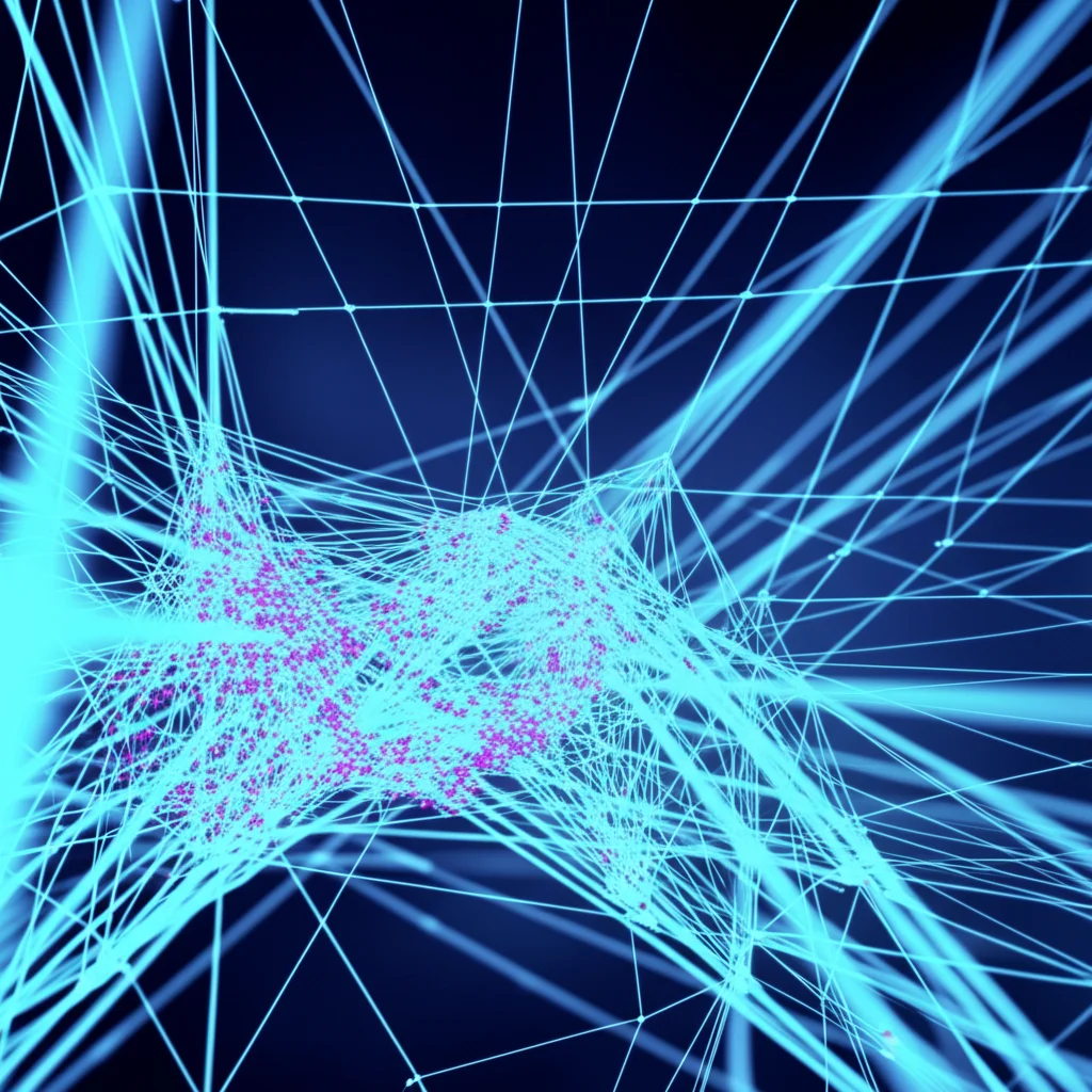 Visualizzazione astratta di una rete neurale con meccanismi di attenzione gerarchica che analizzano superpixel colorati su un'immagine istologica di tessuto prostatico. Prime lens, 35mm, depth of field, duotone ciano e magenta, illuminazione high-tech.