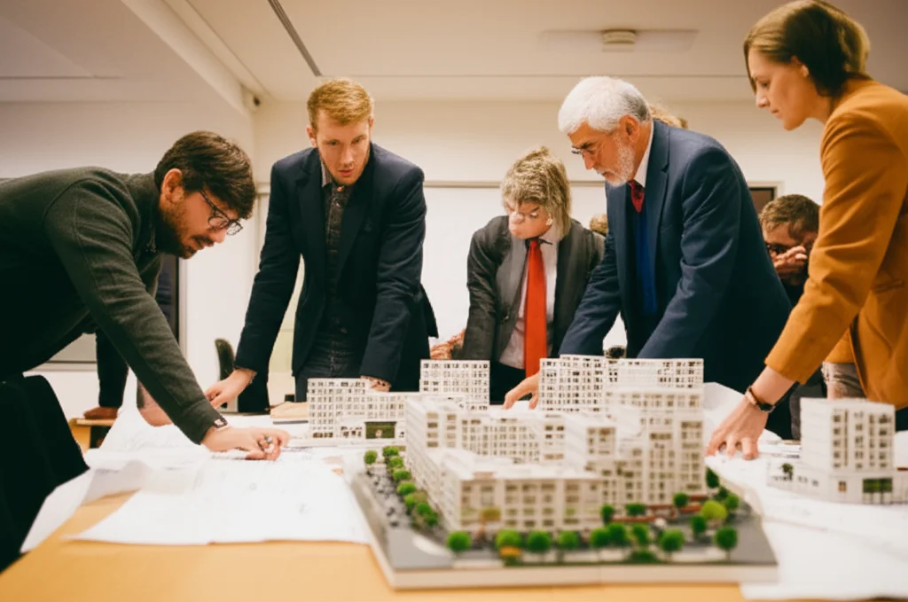 Un ritratto di un gruppo eterogeneo di persone (giovani, anziani, famiglie) che discutono animatamente e collaborano attorno a un tavolo con progetti e plastici di un nuovo quartiere residenziale, obiettivo da 35mm per un look naturale, profondità di campo media per includere l'ambiente di una sala riunioni luminosa, toni caldi e accoglienti per sottolineare la collaborazione, stile filmico.